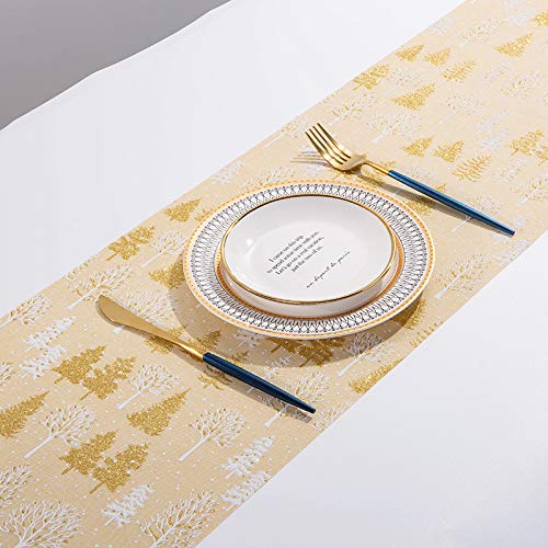 Exnemel 275 * 28cm Christmas Table Runner, Long Table Runner Decoration Dining Gold Table Runners Linen Non-slip Xmas Table Cloth for Home Kitchen Party (Gold Christmas Tree)