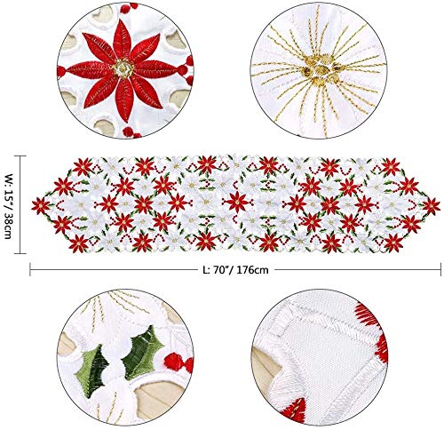 KAHEIGN 38 CM x 176 CM Kerst Tafellopers, 2 Zijden Katoen Linnen Geborduurde Tafelloper Poinsettia en Hulstblad Tafellakens voor Bruiloft Tafeldecoratie Xmas Decoraties