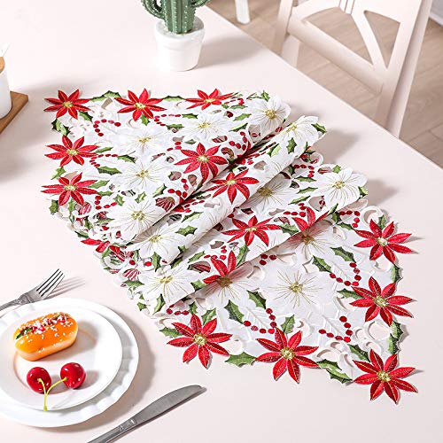 KAHEIGN 38 CM x 176 CM Kerst Tafellopers, 2 Zijden Katoen Linnen Geborduurde Tafelloper Poinsettia en Hulstblad Tafellakens voor Bruiloft Tafeldecoratie Xmas Decoraties