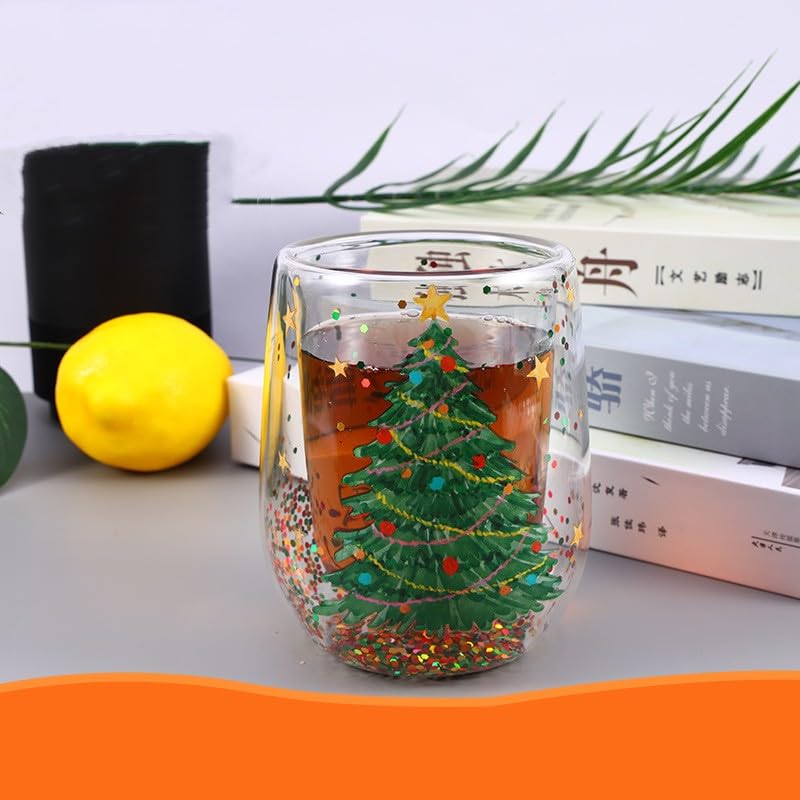 Kerstglazen theekop 350 ml Kerstboom Glazen Koffiekop Dubbelwandige Geïsoleerde Glazen Voor Kerst Dubbellaagse Kerstmok met Glitter Xmas Geschenken voor Vrouwen Mannen Kinderen