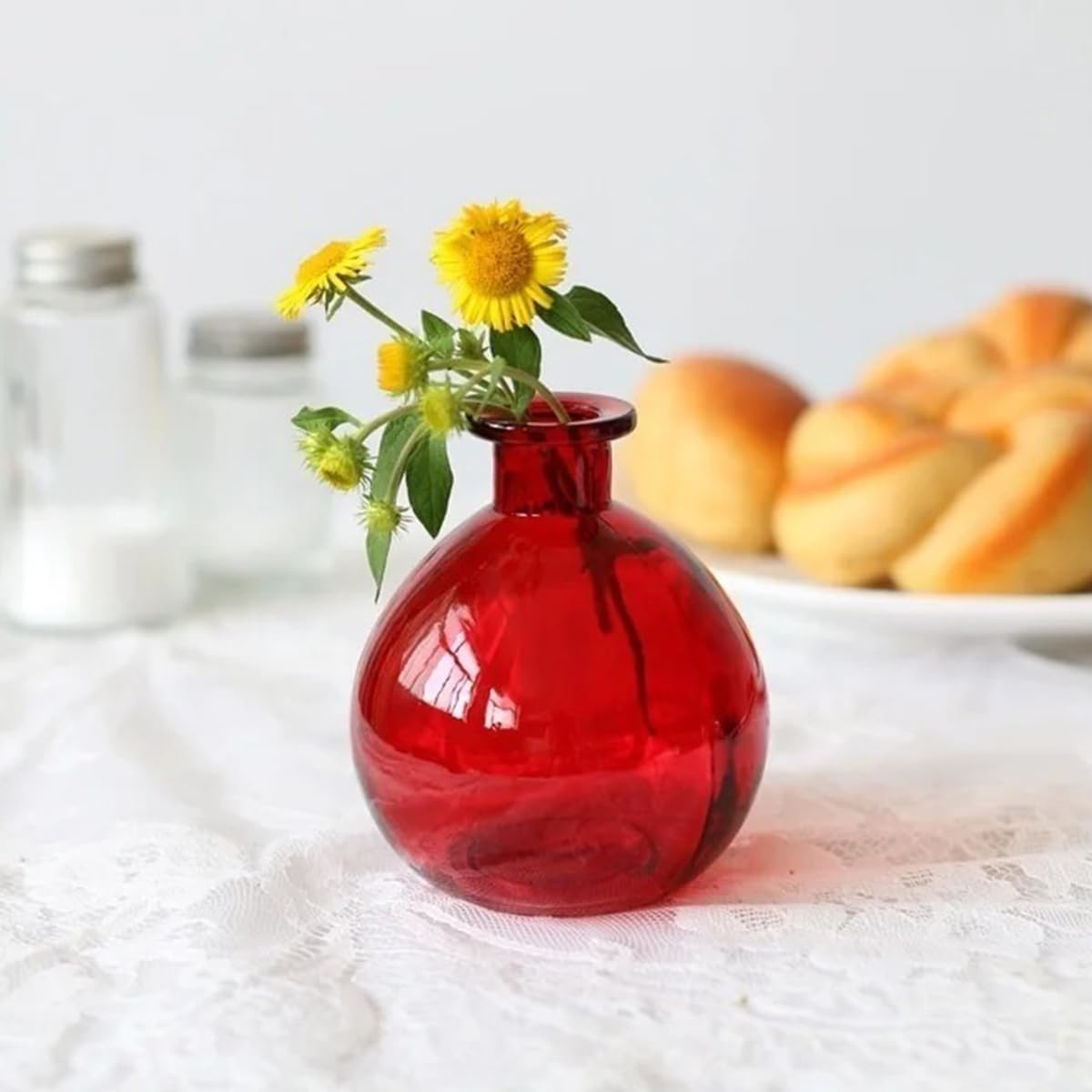 Cozylkx Kleine glazen fles decoratieve vazen voor bloemstuk, glazen vazen voor tafeldecoratie, feesttafelstukken (rood, 8 cm x 10,5 cm)