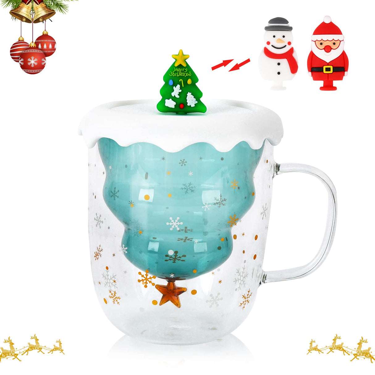 Leuke kerstmokken 250 ml dubbellaags glazen koffiemok met deksel en 3 decoraties, duurzame theekop melkbeker voor vrouwen, vrouw, moeder, haar oma, meisje, leraar, vriend, verjaardagscadeau,