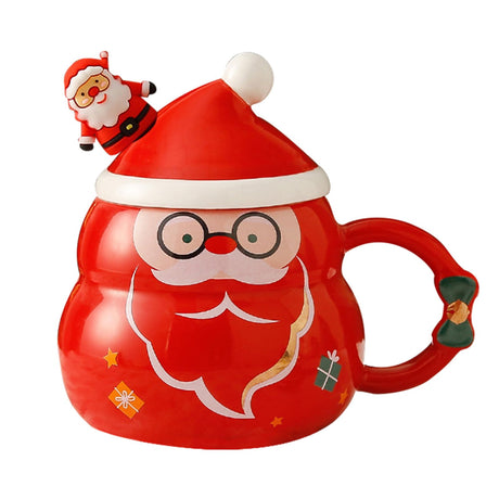 480 ml Kerst koffiemok met deksel en lepel thee melk koffiekop met handvat magnetron veilige keramische theekopjes kerstbekers voor vrouwen mannen kinderen perfect voor verjaardag Kerstmis (rood)