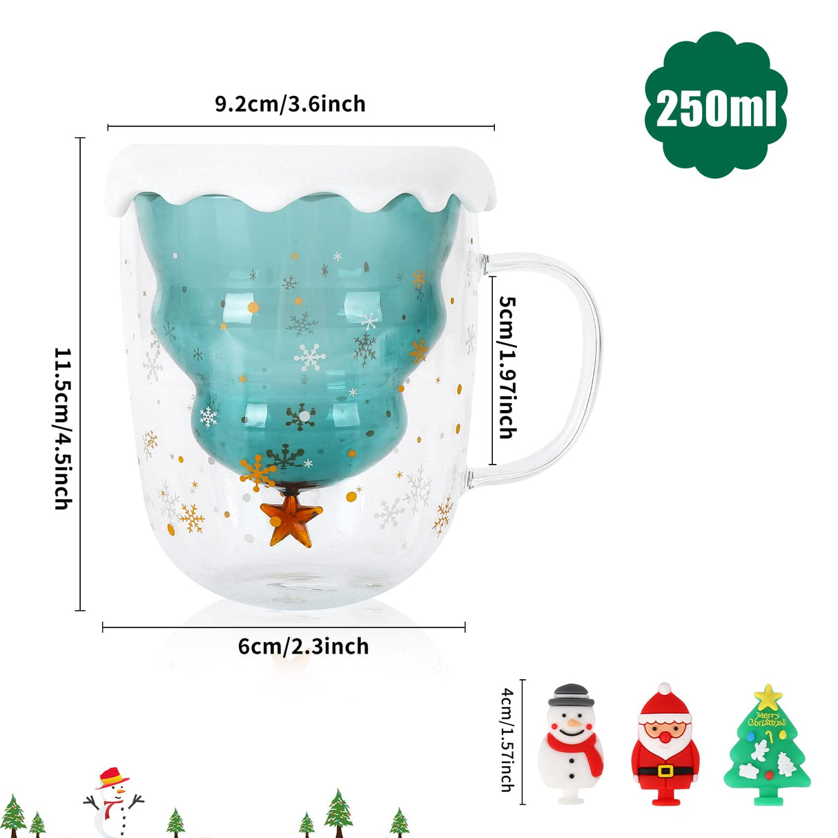 Leuke kerstmokken 250 ml dubbellaags glazen koffiemok met deksel en 3 decoraties, duurzame theekop melkbeker voor vrouwen, vrouw, moeder, haar oma, meisje, leraar, vriend, verjaardagscadeau,