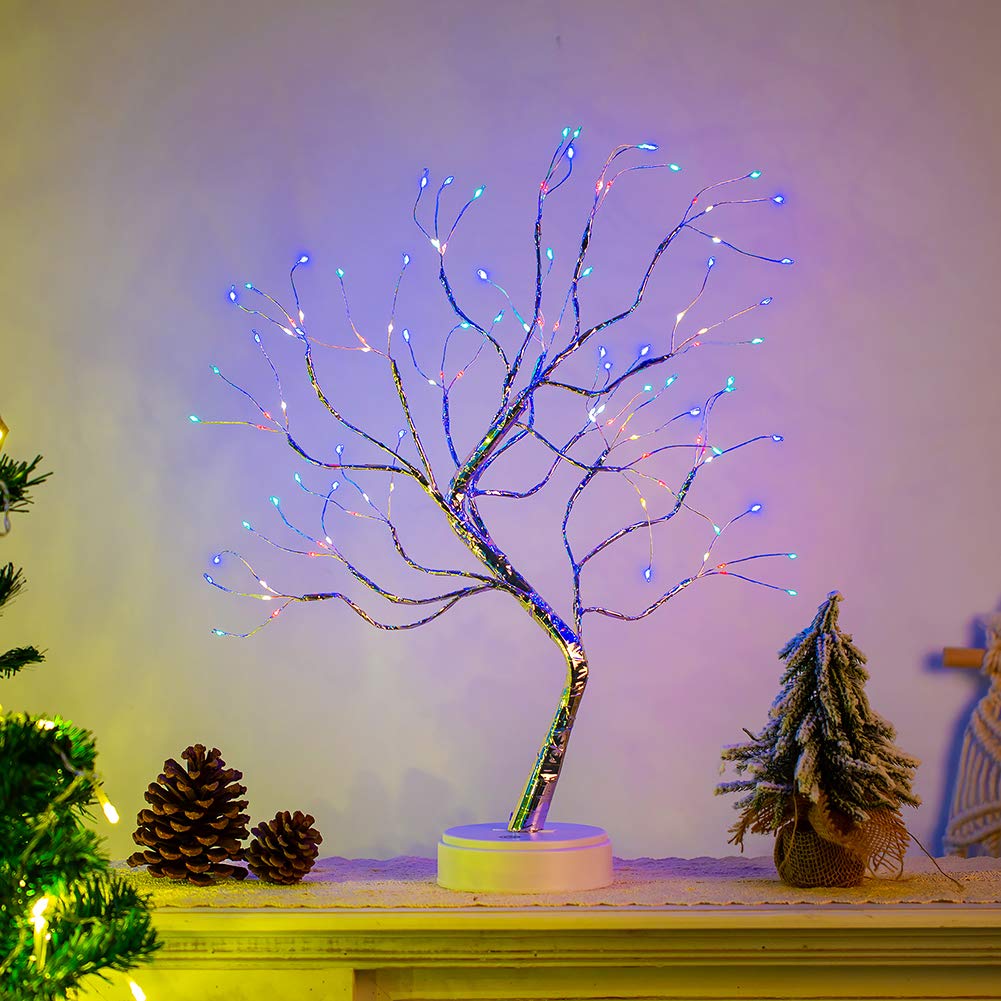 Nuptio Led berkenboom met verlichting, twijgboom, led bonsaiboom van 49 cm. Minikerstboom verlichte bomen voor decoratie binnen, voor thuisfeest, verjaardag bruiloft of binnendecoratie (meerkleurig licht, 1 stuk)