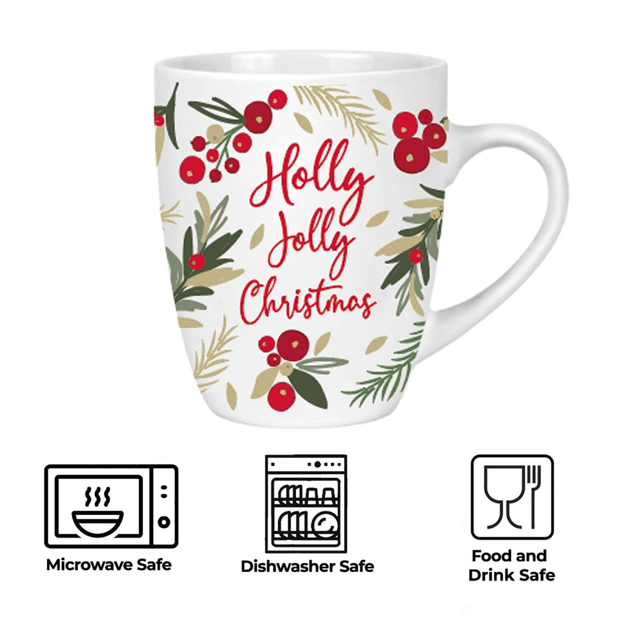 Set van 4 Kerst Mokken Winter Bessen en Gebladerte Print 350ml AB Porselein Mok Set Feestelijke Xmas Gift Hulst