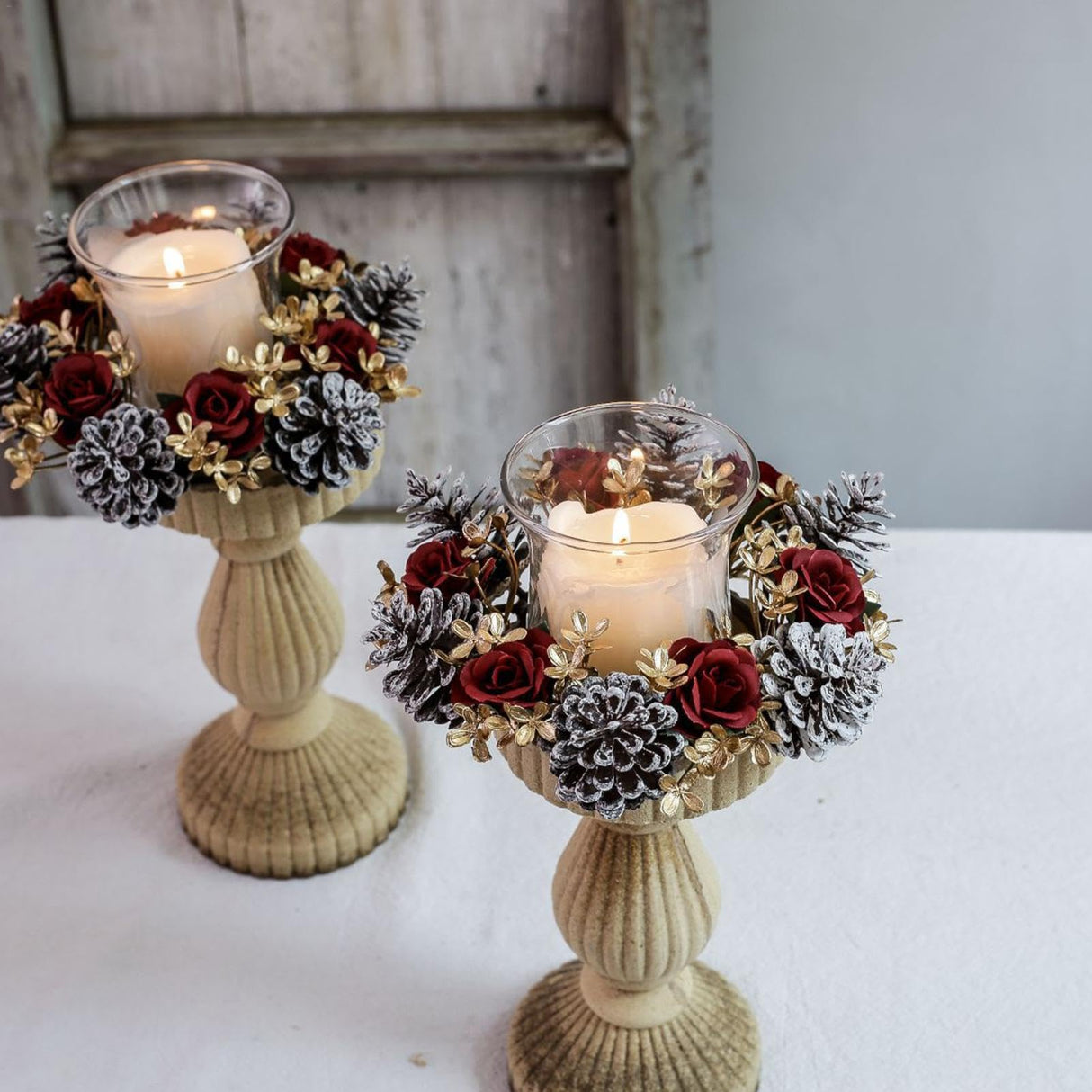 Christmas Table Centerpieces, Christmas Table Centerpiece Decorations, Christmas Dining Table Centerpieces, Pine Cones Roses Christmas Table, Sturdy Base Candle Wreaths Candle Garland For Desk Shelf