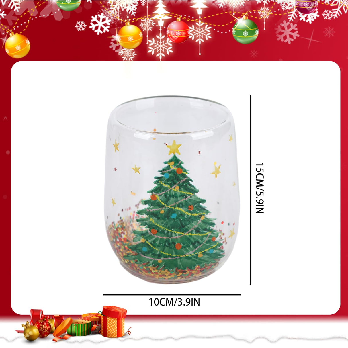 Kerstglazen theekop 350 ml Kerstboom Glazen Koffiekop Dubbelwandige Geïsoleerde Glazen Voor Kerst Dubbellaagse Kerstmok met Glitter Xmas Geschenken voor Vrouwen Mannen Kinderen