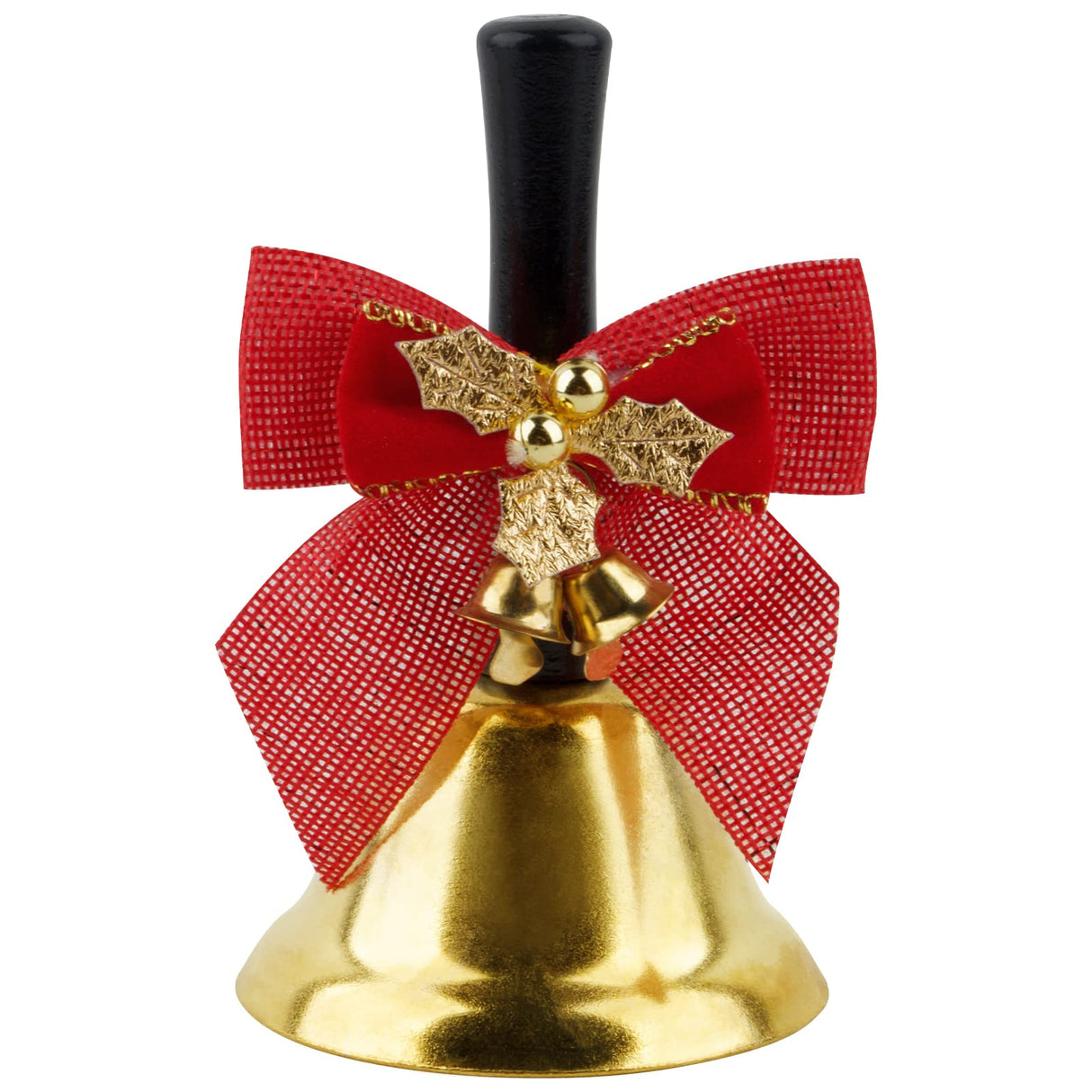 Gouden kerstbel kerstbel met strik, handbel voor kerstman, Kerstmis, diner, oproep, bel, serviceklok met houten handvat (goud)