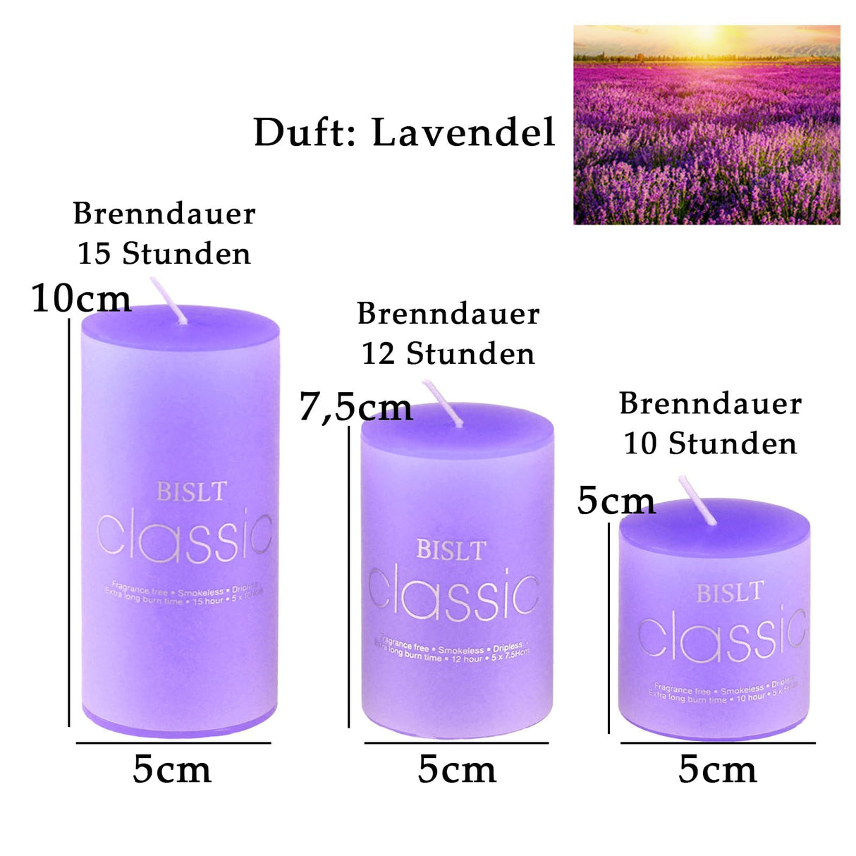 ALLAVA Stompkaarsen paars, stompkaarsen met geur, kaarsen adventskrans diameter 5 cm, hoogte 10/7,5/5 cm, set van 3 stuks, lengte brandduur 37 uur (geur: lavendel)