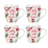 Set van 4 Kerst Mokken Winter Bessen en Gebladerte Print 350ml AB Porselein Mok Set Feestelijke Xmas Gift Hulst