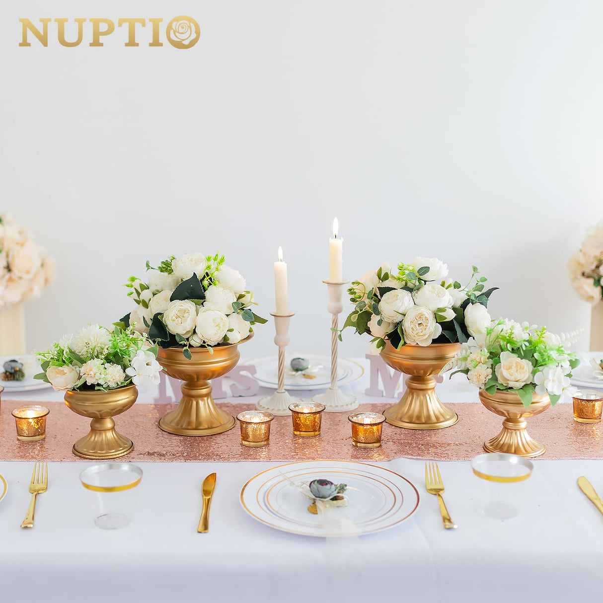 Nuptio Gouden Vazen voor Centerpieces Bruiloft - 2 Stuks 16.4cm Hoogte Metalen Urn Vaas Elegante Bruiloft Centerpieces voor Tabellen Bloem Trompet Vaas Urnen voor Verjaardagsfeestje Huisdecoraties