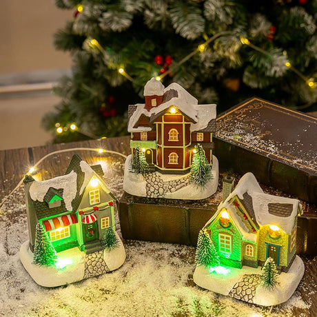 JAWSEU Kerstdorp met verlichting, 3D hars kerstdorp mini kerstdorp gloeiend huis ornament tafelverlichting huis hars handwerk decoratie winterdorp kerstdorp kerstscène