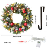 Kerstkrans van 40 cm, decoratie voor voordeur met led-verlichting en hanger, nep-krans voor aan raam, open haard, Kerstmis, muurdecoratie, binnen en buiten, woondecoraties (40 cm) (rood)