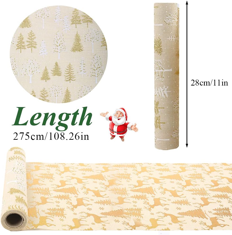 Exnemel 275 * 28cm Christmas Table Runner, Long Table Runner Decoration Dining Gold Table Runners Linen Non-slip Xmas Table Cloth for Home Kitchen Party (Gold Christmas Tree)