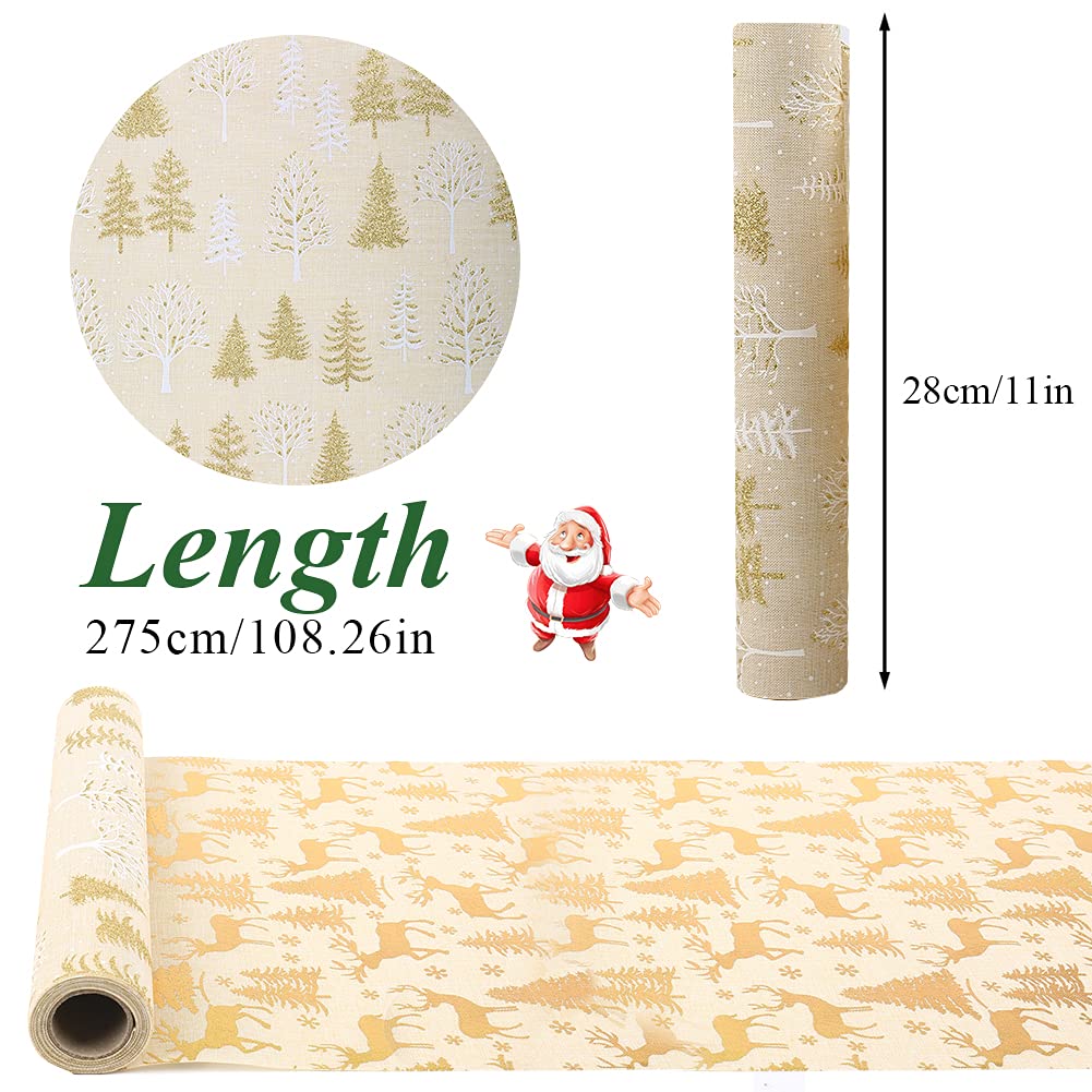 Exnemel 275 * 28cm Christmas Table Runner, Long Table Runner Decoration Dining Gold Table Runners Linen Non-slip Xmas Table Cloth for Home Kitchen Party (Gold Christmas Tree)