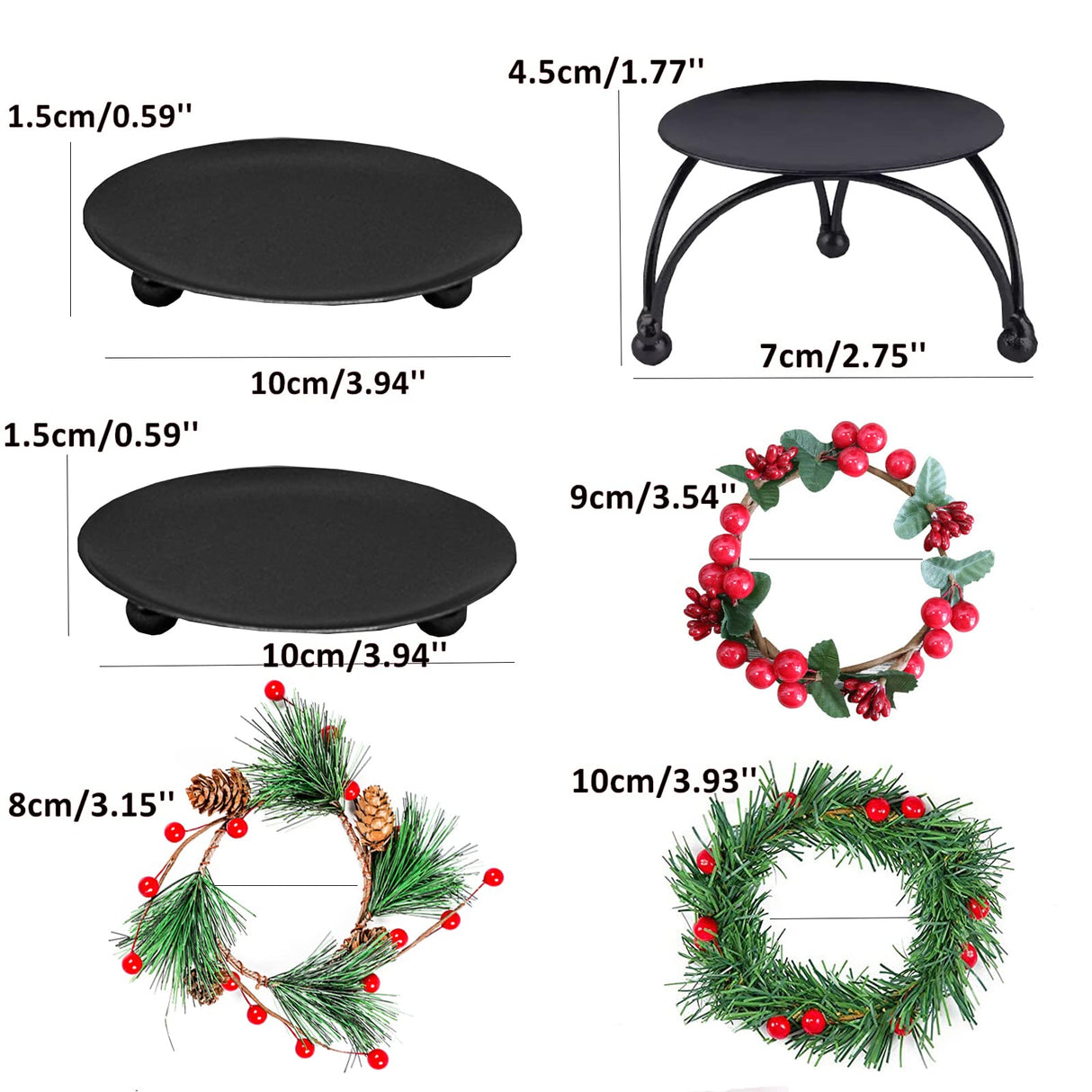 Kerstkaarsenhouder met kleine kerstkrans, set van 3 kerstkaarsringen, decoratieve zwarte kaarsenstandaard, votief kandelaars voor pijlerkaarsen, ijzeren kaarsborden voor kerstdecoratie