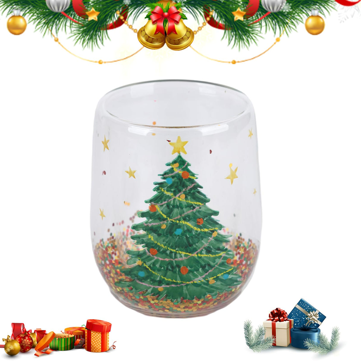 Kerstglazen theekop 350 ml Kerstboom Glazen Koffiekop Dubbelwandige Geïsoleerde Glazen Voor Kerst Dubbellaagse Kerstmok met Glitter Xmas Geschenken voor Vrouwen Mannen Kinderen