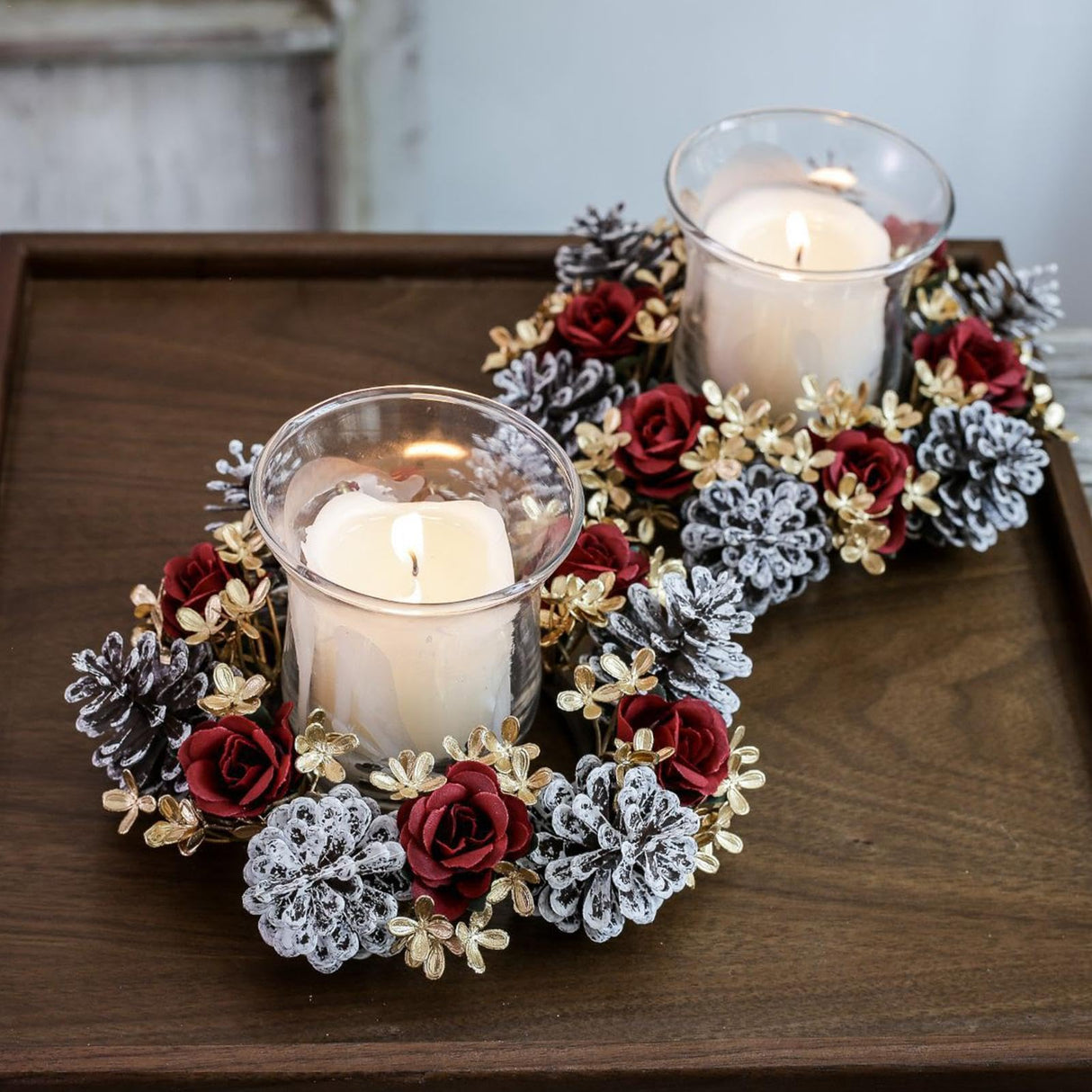 Christmas Table Centerpieces, Christmas Table Centerpiece Decorations, Christmas Dining Table Centerpieces, Pine Cones Roses Christmas Table, Sturdy Base Candle Wreaths Candle Garland For Desk Shelf