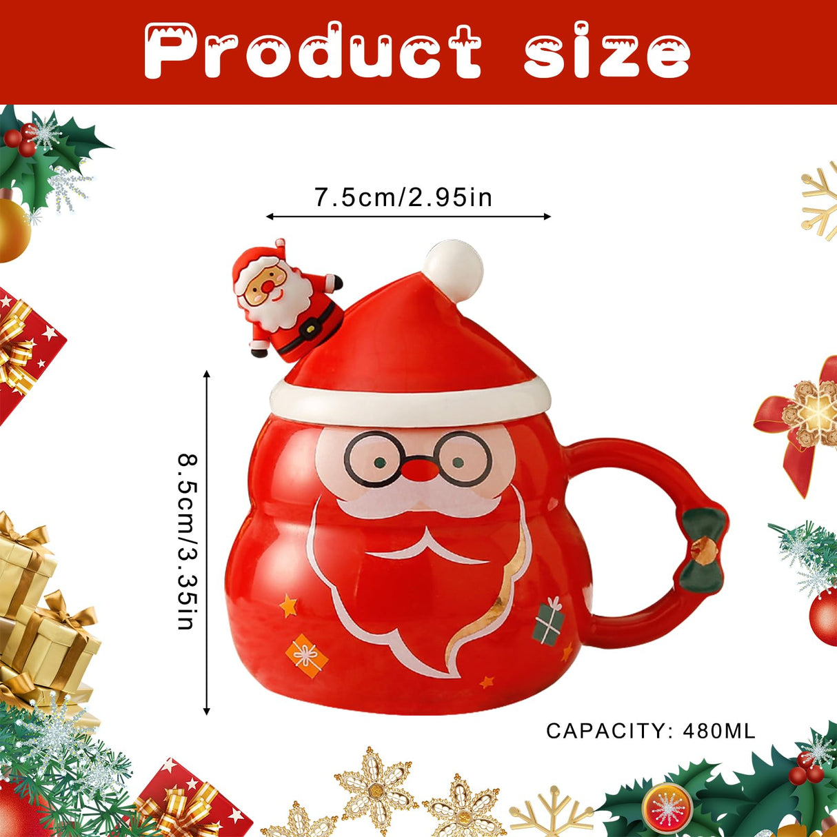 480 ml Kerst koffiemok met deksel en lepel thee melk koffiekop met handvat magnetron veilige keramische theekopjes kerstbekers voor vrouwen mannen kinderen perfect voor verjaardag Kerstmis (rood)