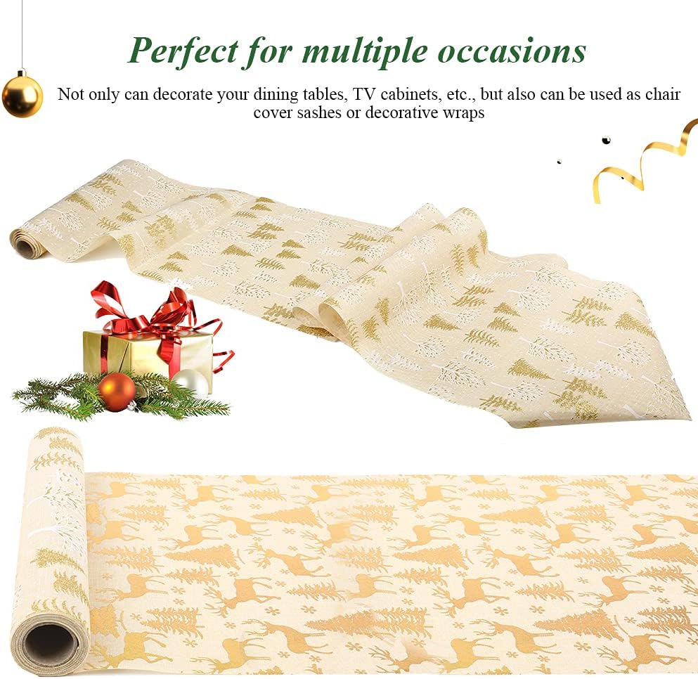 Exnemel 275 * 28cm Christmas Table Runner, Long Table Runner Decoration Dining Gold Table Runners Linen Non-slip Xmas Table Cloth for Home Kitchen Party (Gold Christmas Tree)