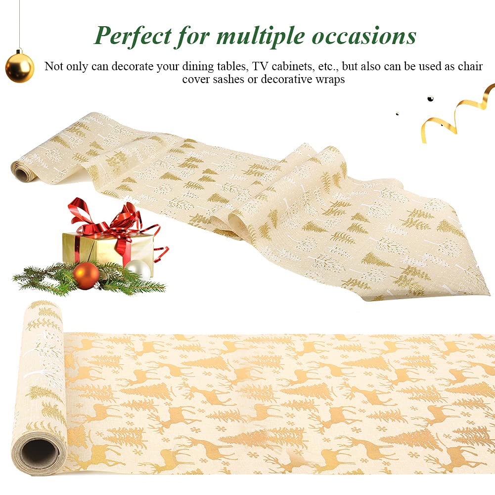 Exnemel 275 * 28cm Christmas Table Runner, Long Table Runner Decoration Dining Gold Table Runners Linen Non-slip Xmas Table Cloth for Home Kitchen Party (Gold Christmas Tree)