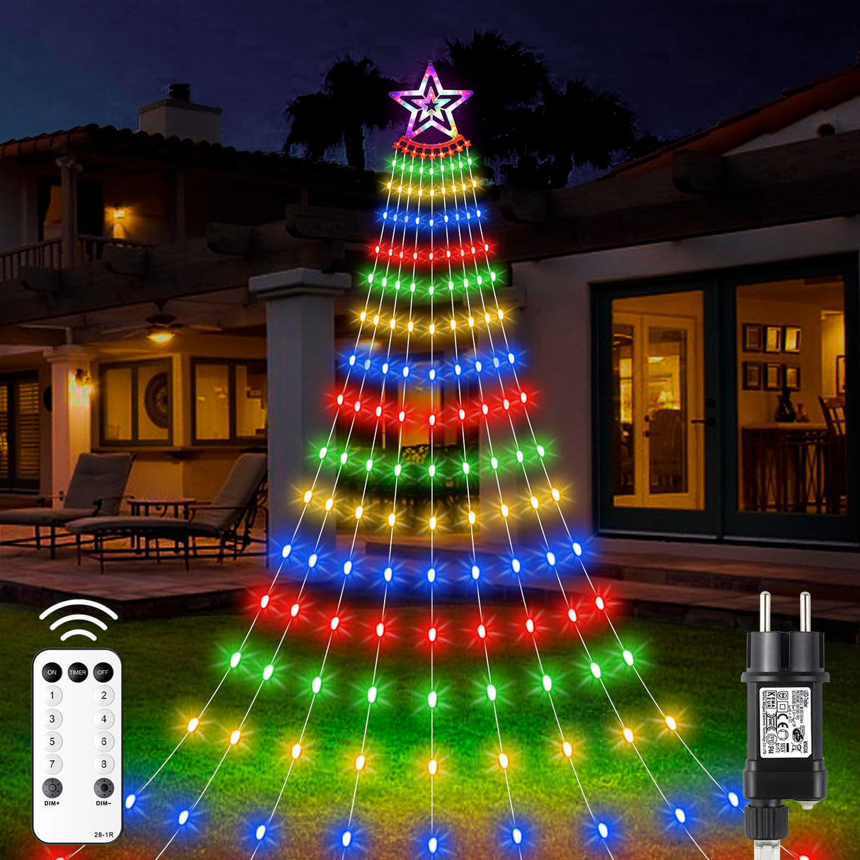 FLSEPAMB Kerstboomverlichting waterval, 8 lichtmodi lichtketting kerstboom waterval, 3,5 m 350 kerstboom verlichting LED, kerstboom lichtketting