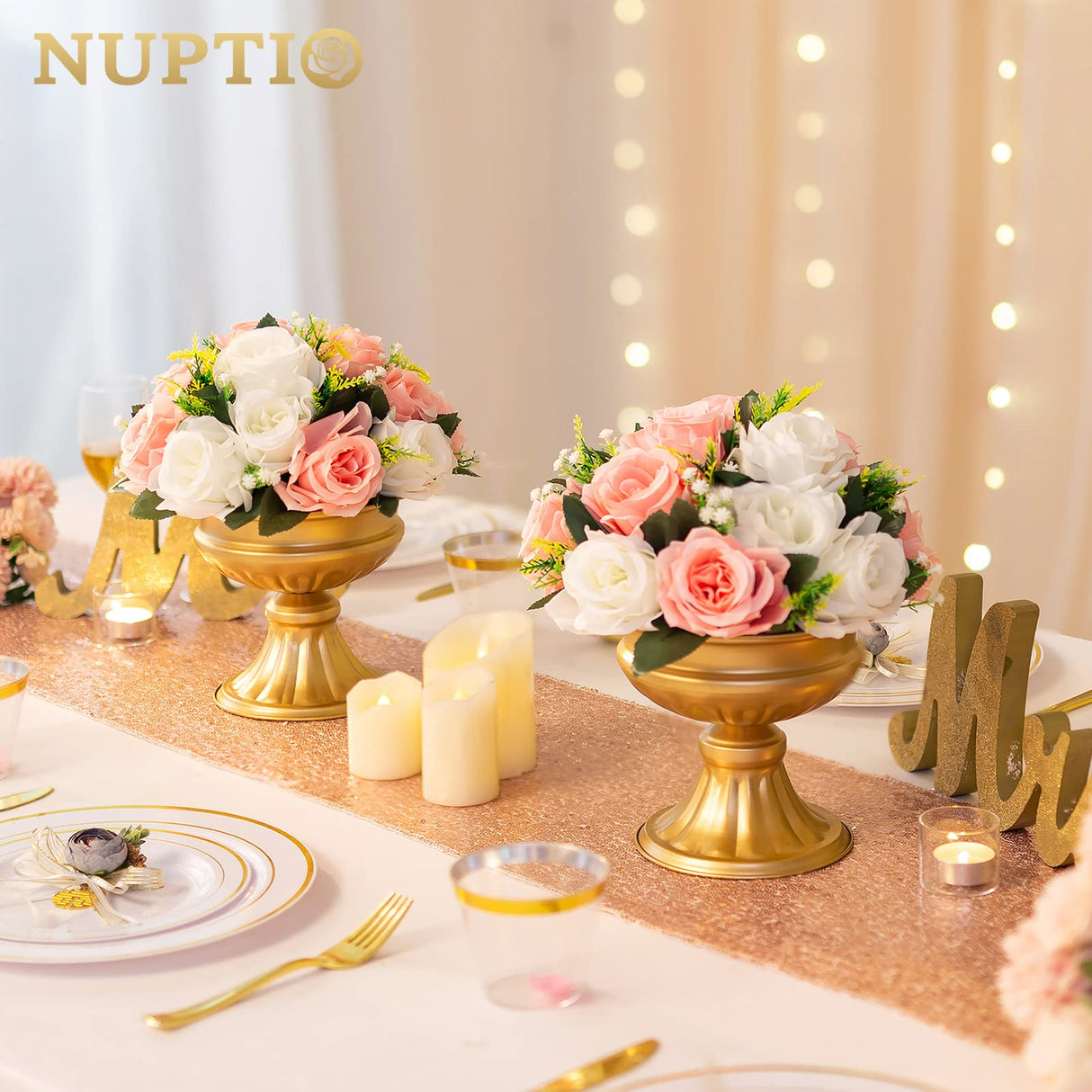 Nuptio Gouden Vazen voor Centerpieces Bruiloft - 2 Stuks 16.4cm Hoogte Metalen Urn Vaas Elegante Bruiloft Centerpieces voor Tabellen Bloem Trompet Vaas Urnen voor Verjaardagsfeestje Huisdecoraties