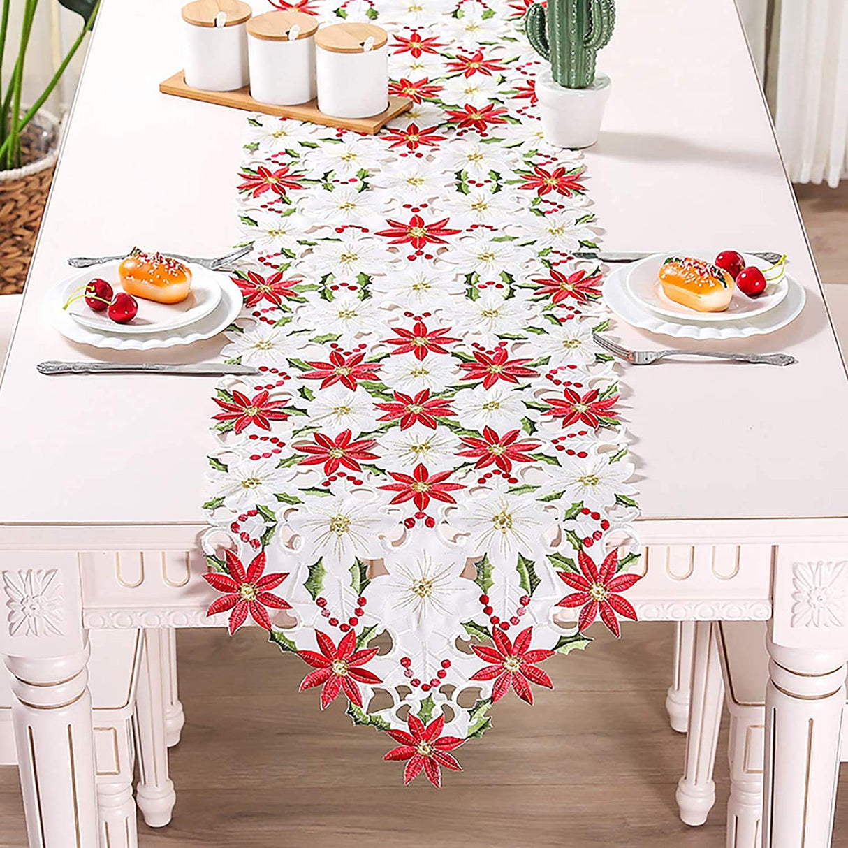 KAHEIGN 38 CM x 176 CM Kerst Tafellopers, 2 Zijden Katoen Linnen Geborduurde Tafelloper Poinsettia en Hulstblad Tafellakens voor Bruiloft Tafeldecoratie Xmas Decoraties