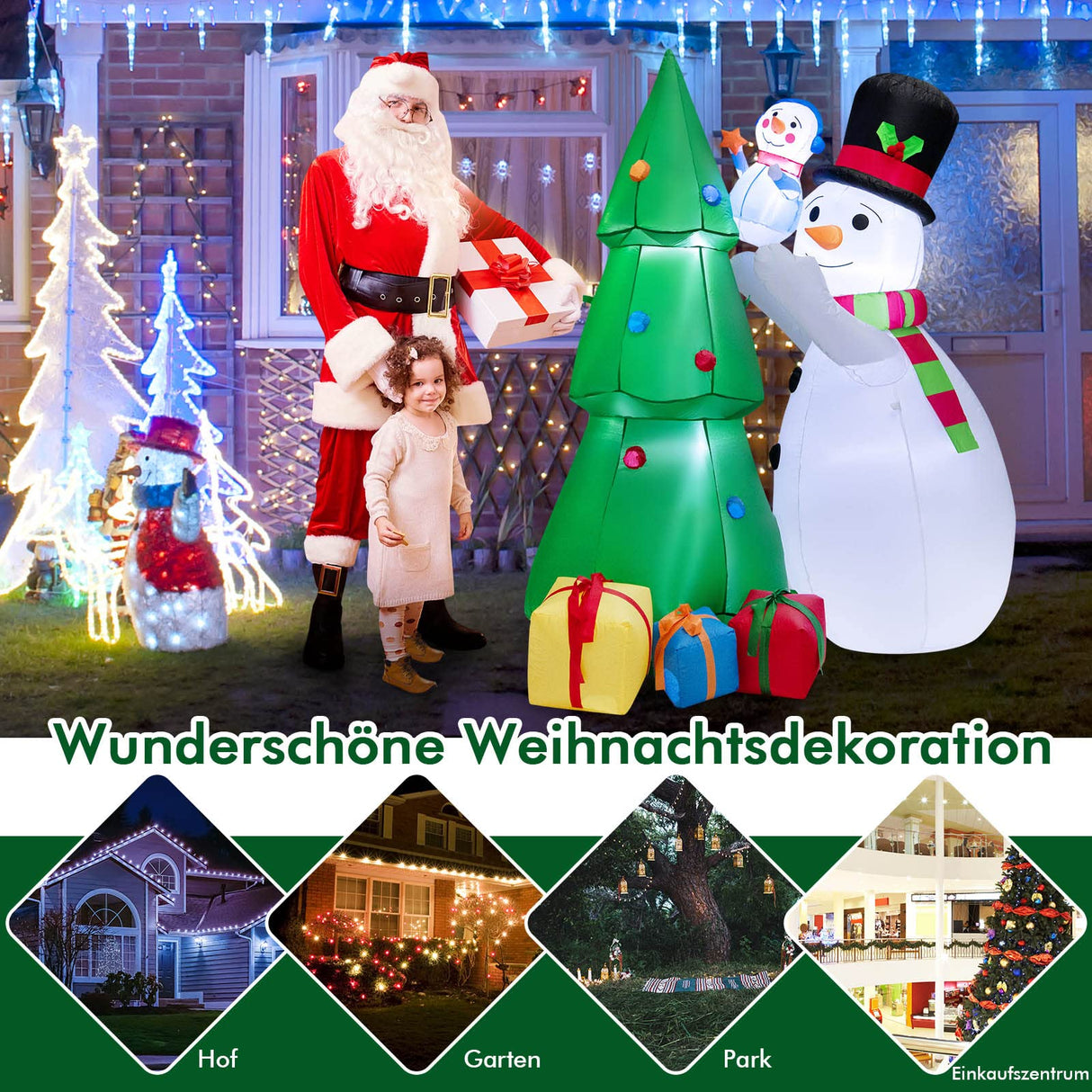 COSTWAY Opblaasbare led-kerstboom, 180 cm, kerstdecoratie met grote en kleine sneeuwpop en geschenkdozen, winterdecoratie, kerstverlichting voor binnenplaats, gazon, tuinfeest, zelfopblazend