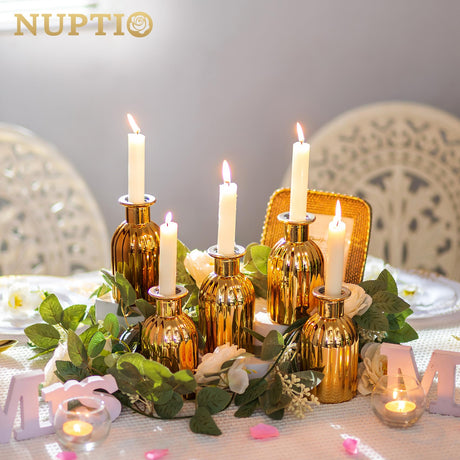 NUPTIO Knop Vazen Glas Goud: 6 Stuks Kleine Bloemenvaas voor Bruiloft Centerpieces Gouden Vintage Mini Orchidee Flessen Vazen Bulk voor Kerst Tafel Slaapkamer Esthetische Verjaardagsfeest Decoratie