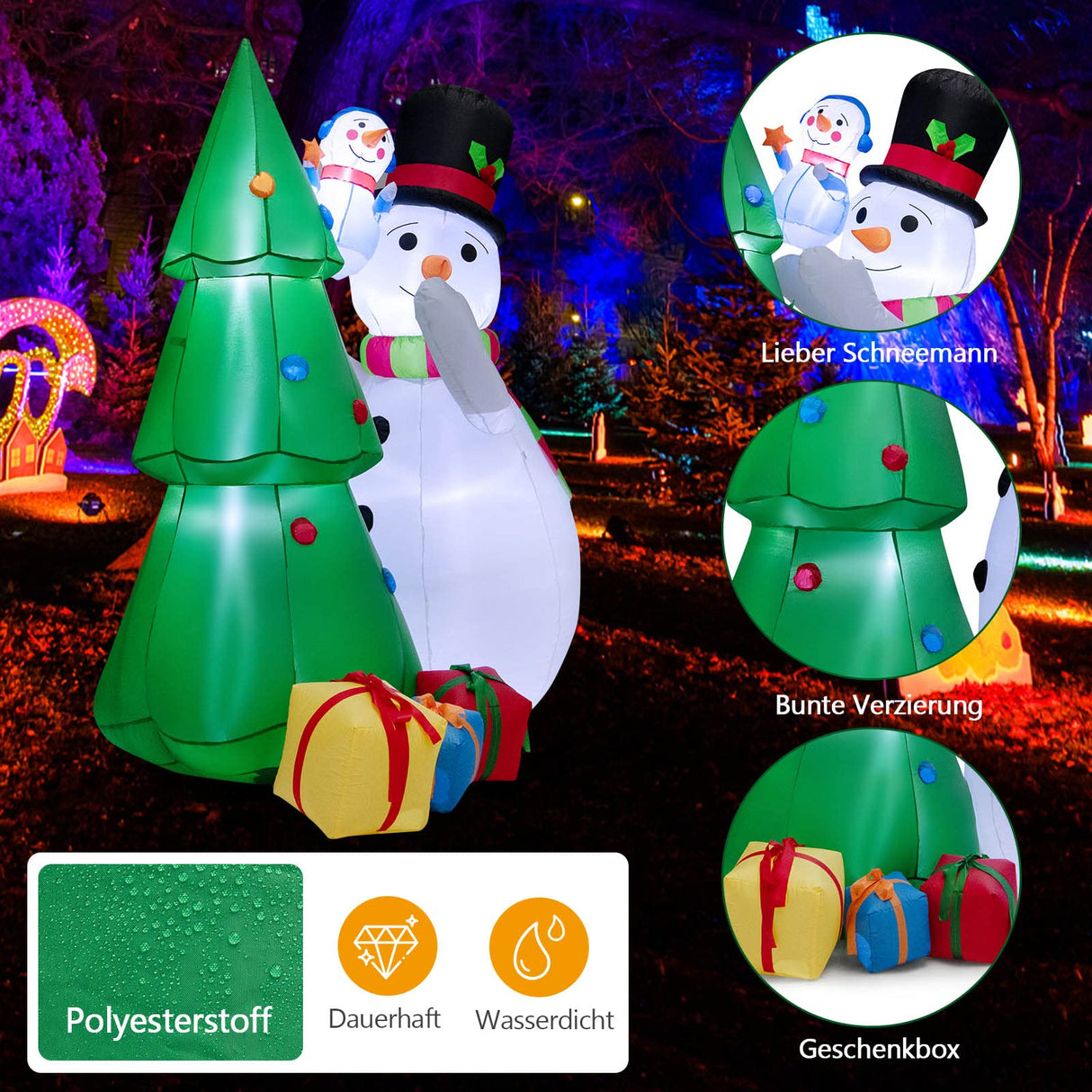 COSTWAY Opblaasbare led-kerstboom, 180 cm, kerstdecoratie met grote en kleine sneeuwpop en geschenkdozen, winterdecoratie, kerstverlichting voor binnenplaats, gazon, tuinfeest, zelfopblazend