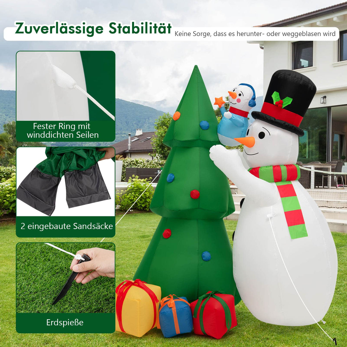 COSTWAY Opblaasbare led-kerstboom, 180 cm, kerstdecoratie met grote en kleine sneeuwpop en geschenkdozen, winterdecoratie, kerstverlichting voor binnenplaats, gazon, tuinfeest, zelfopblazend