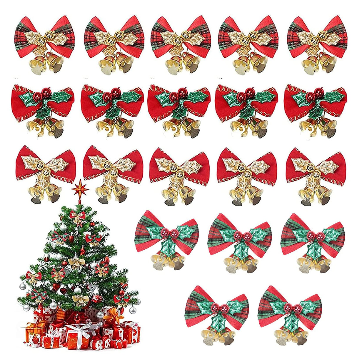 20 Stuks Kerststrikken met Klokken, Kerststrikken Gemaakt van Glinsterende, Kerst Boog met Klokken, Kerstlint Strikken Ornamenten, voor Kerstmis, Kerstboom, Kerstbloem, Bruiloft, Feestdecoratie