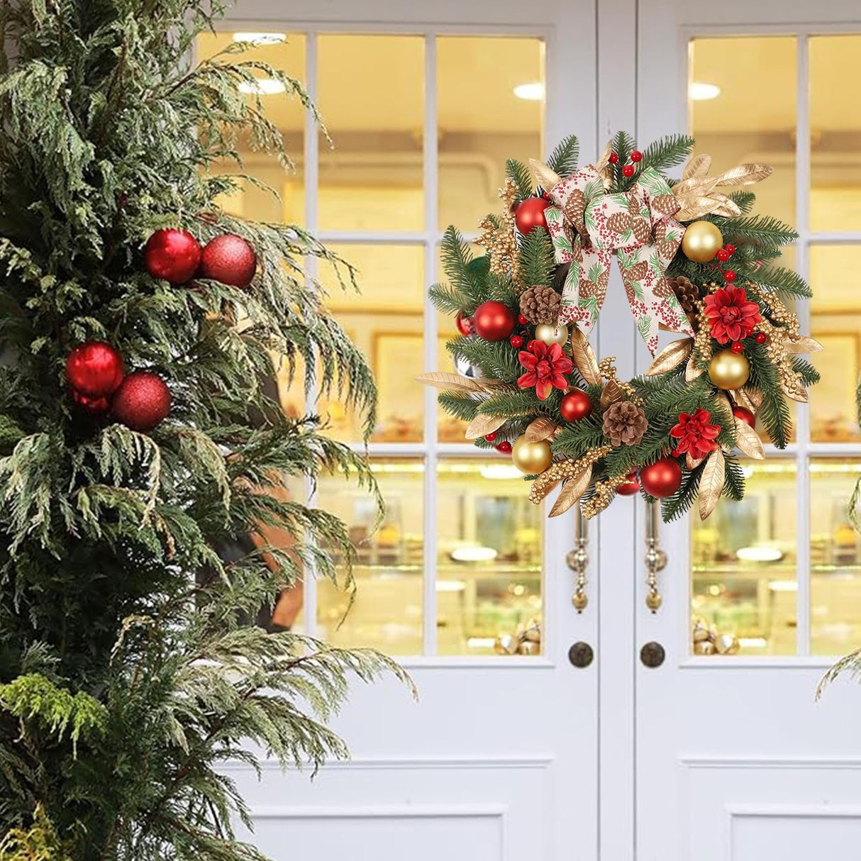 Christmas Wreath, Traditional Christmas Wreath, Elegant Christmas Wreath, Outdoor Christmas Wreath, With Pinecone, Christmas Red Ball Wreath, Christmas Indoor Decorations For Family And Friends