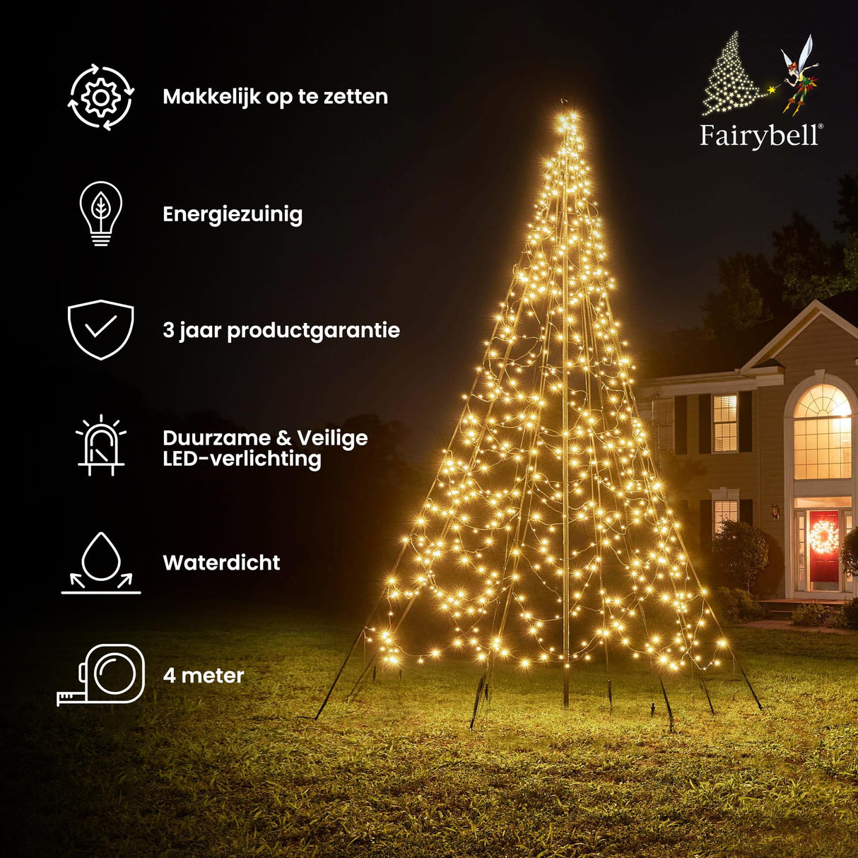 Fairybell LED Kerstboom voor buiten - 4 meter - 640 LEDs - Kerstboom inclusief vlaggenmast - Warm wit met twinkle