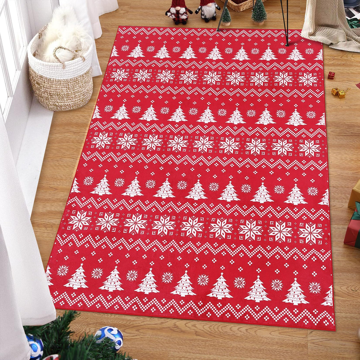 CAROMIO Kerst woonkamer tapijt machine wasbaar antislip indoor kerst decoratief tapijt voor slaapkamer eetkamer kinderkamer rood 140 x 200 cm