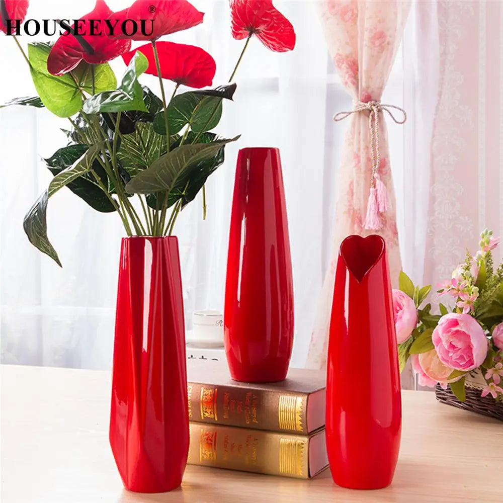 Red Ceramic Vase Big Size Red Flower Porcelain Vase Modern Fashion Tabletop Vase for Wedding Decoration European Flower Vase