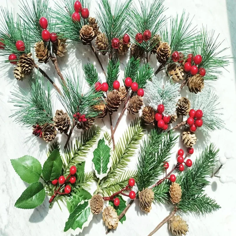 MissDeer 1Pc Articifial Pine Cone Branches with Red Berry Christmas Tree Hanging Ornament Xmas New Year Party Supplies Home Vase