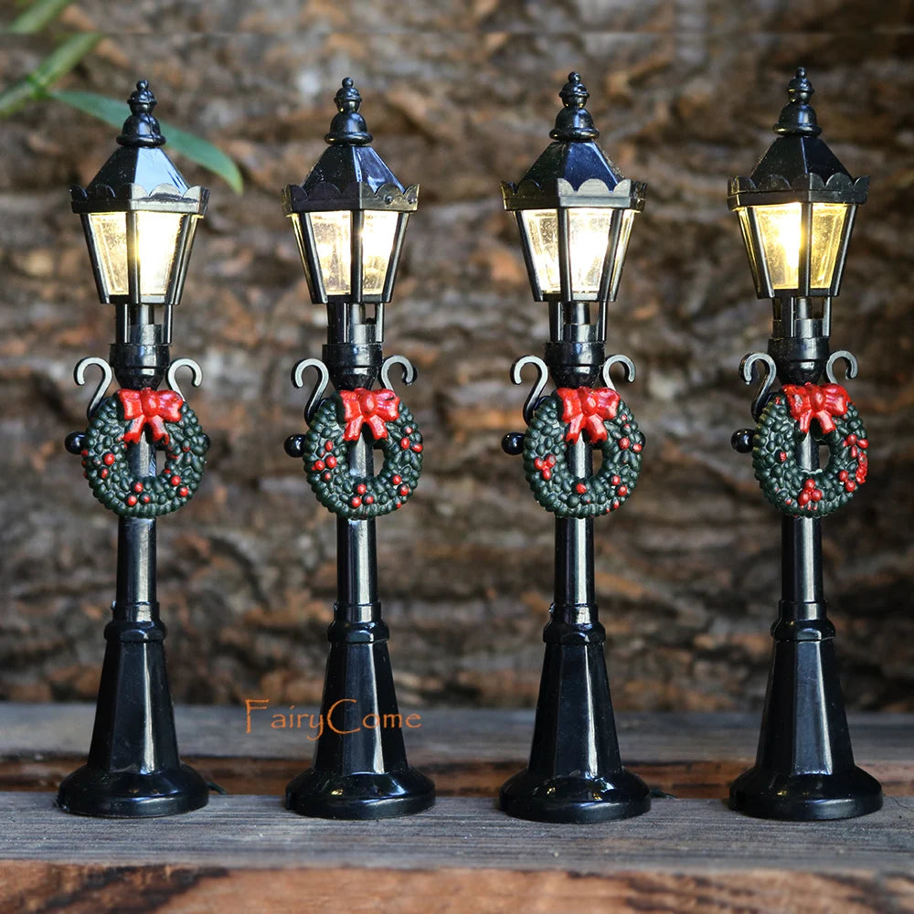 Miniature Christmas Street Lamp Post LED Lights for Christmas Village Decoration Mini Figurine Ornament Garden Accessories