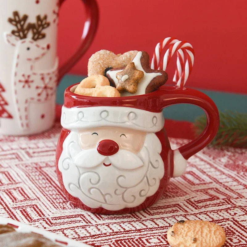 Christmas Ceramic Coffee Mug Santa Claus Mould Coffee Mug Elk Embossed Cup Breakfast Dessert Milk Mug for Kids Xmas Gift