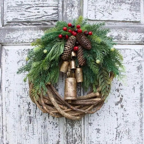 Christmas rattan Wreath with Berries and Pine cones vintage cow Bells Wreath Artificial garland Christmas Front Door Decoration