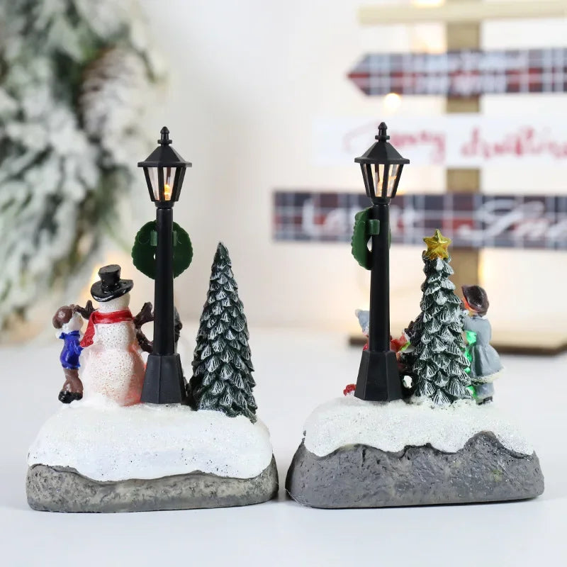 LED Christmas Village Ornaments Microlandscape Resin Figurines Decoration Santa Claus Pine Needles Snow View Holiday Gift