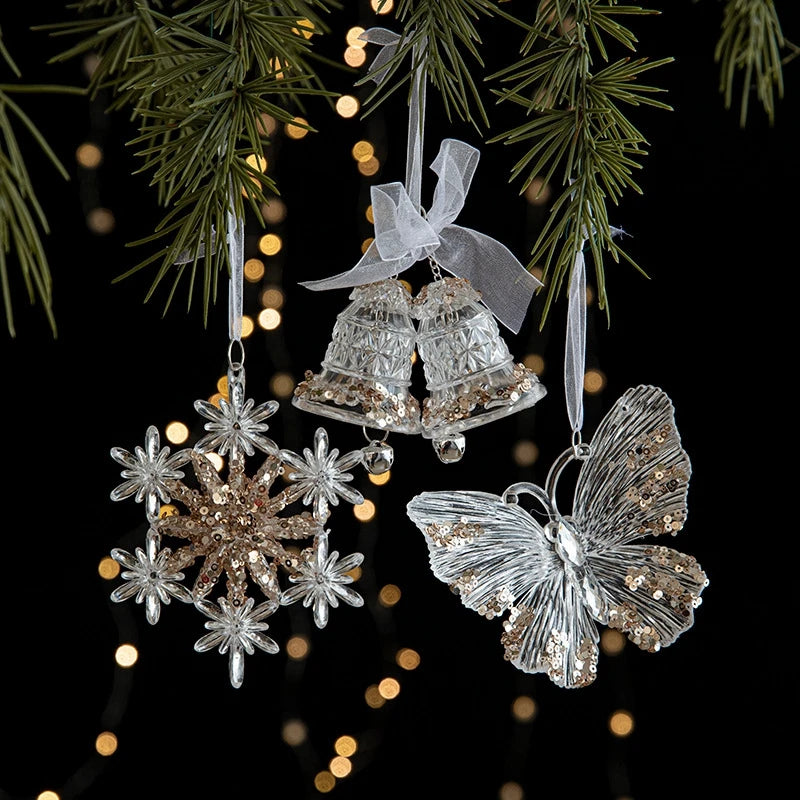 Christmas Decoration Sequins Acrylic Pendant Transparent Hanging Snowflake Butterfly Bell Pendant Xmas Tree Decoration Props