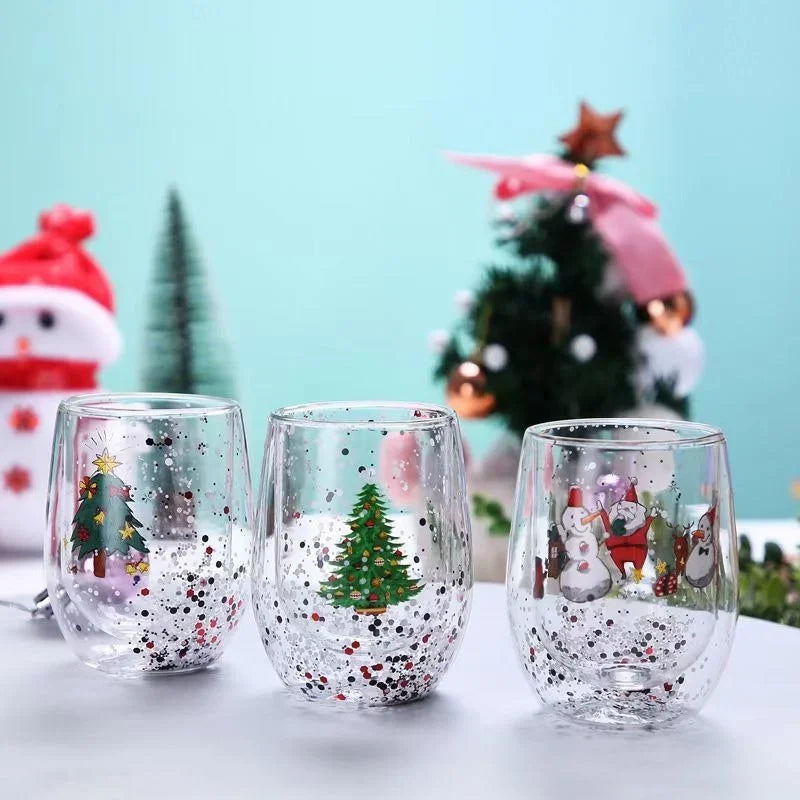 Christmas Double Wall Glass Cup Heat-resistant Water Cup Christmas Tree Snowman Pattern Juice Tea Milk Coffee Mug Xmas Gift