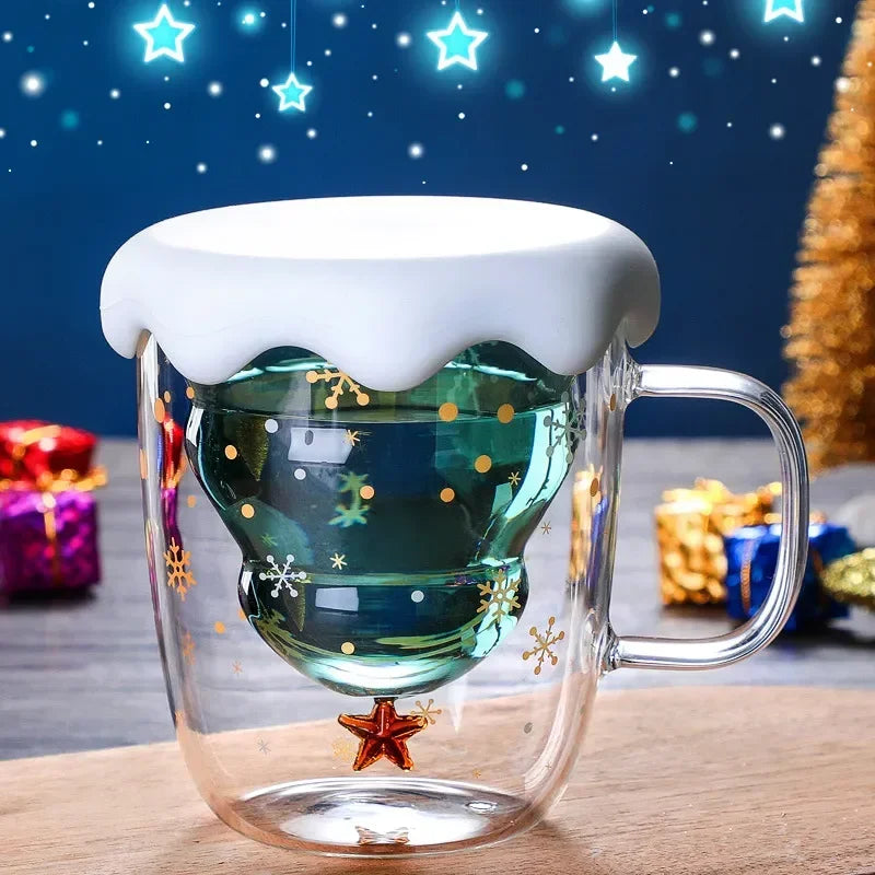 Christmas Tree Mug Snow Mountain Glass cup Heat Resistant Double Wall Glass Coffee Cup Cartoon Christmas Gift  Milk  Drinkware