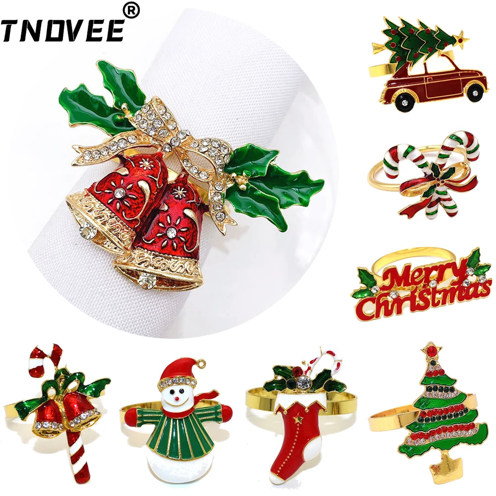 6Pcs Christmas Napkin Rings Bell Reindeer Xmas Tree for Christmas Wedding Thanksgiving Home Kitchen Dinner Table Decorations