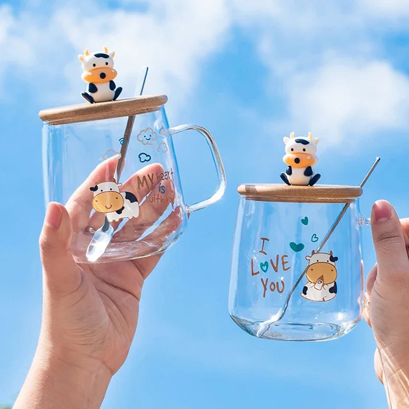 Creative Cartoon Cow Glass Mug With Lid Spoon Cute Mugs Coffee Cups Cup for Tea Christmas Gift Drinking Glasses Cupshe Drinkware