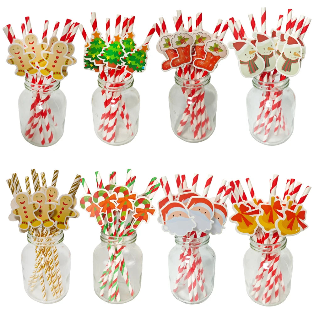 Christmas Paper Straws Disposable Drinking Straws Santa Claus Snowman Pattern Straw Table Decor Dinner Christmas Party Supplies