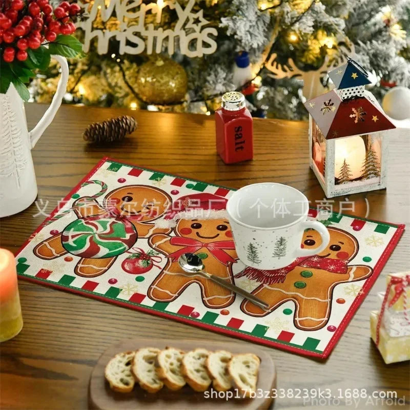 4/6/8PCS Christmas Snowman Placemats Linen Non Slip Table Mats Rectangular Hand Washable Dining Table for Kitchen Home Decor